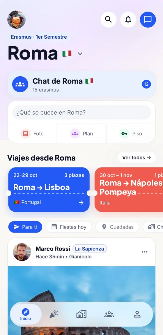 App home screen in Rome, with the city chat card and trips