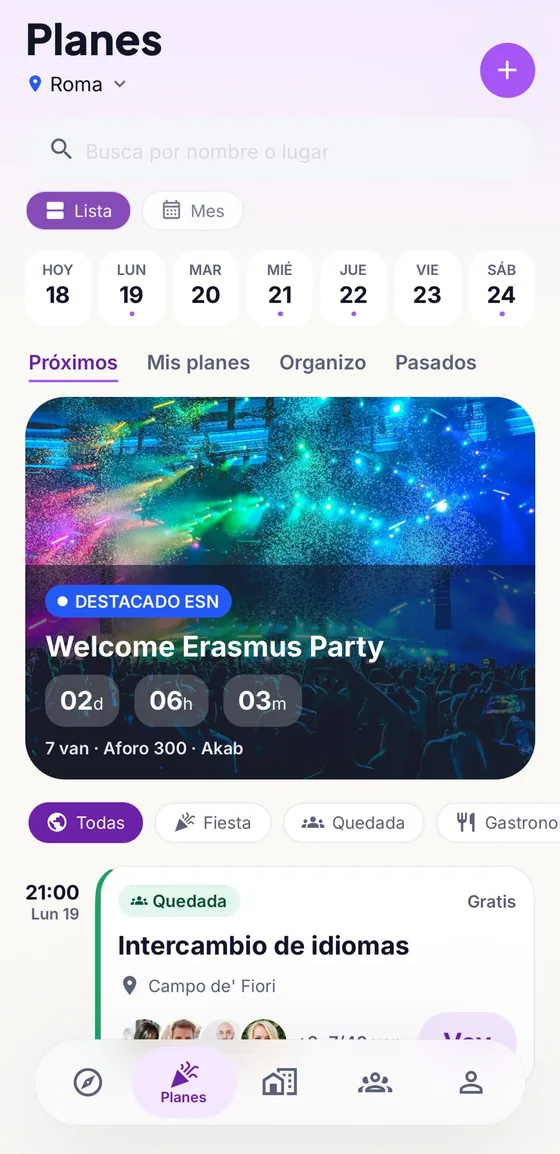 App plans screen: featured ESN party with countdown and capacity