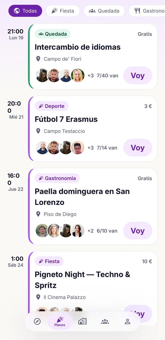 Plans list: meetups, sport, food and parties with an I'm in button